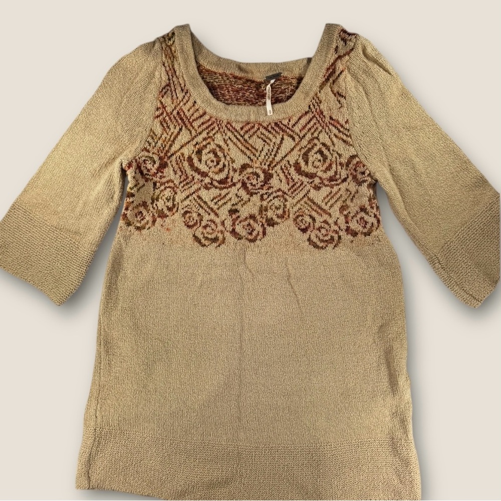 Free‎ People Beige and Brown Crew Neck Sweater